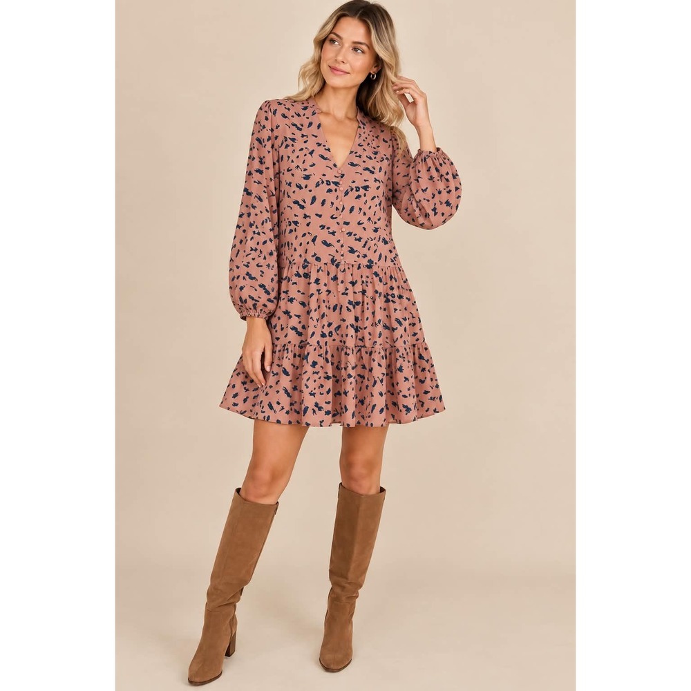 Entro Womens Mauve Abstract Print Tiered Babydoll Button Down Dress NWoT Large